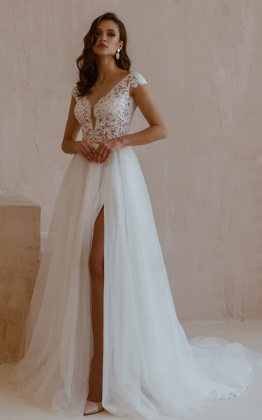 Sexy A Line Lace Tulle Short Sleeve V-neck Sweep Train Wedding Dress with Split Front