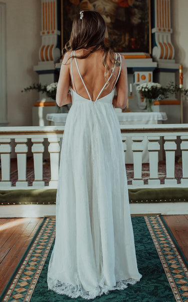 Casual Sexy V-neck Lace Sleeveless A Line Floor-length Wedding Dress with Split Front and V Back