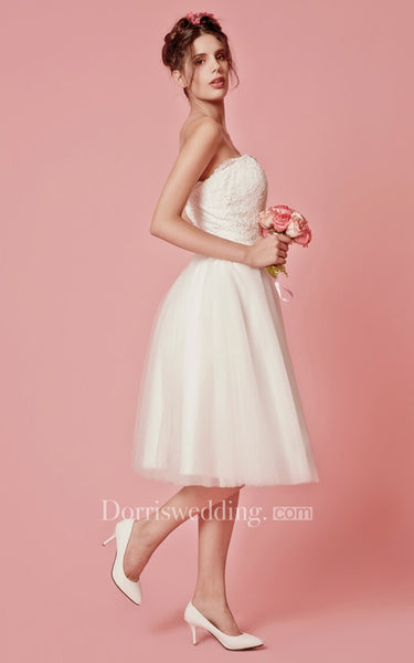 Classic Femme Sleeveless Tea Length  Wedding Dress with Removable Lace Jacket