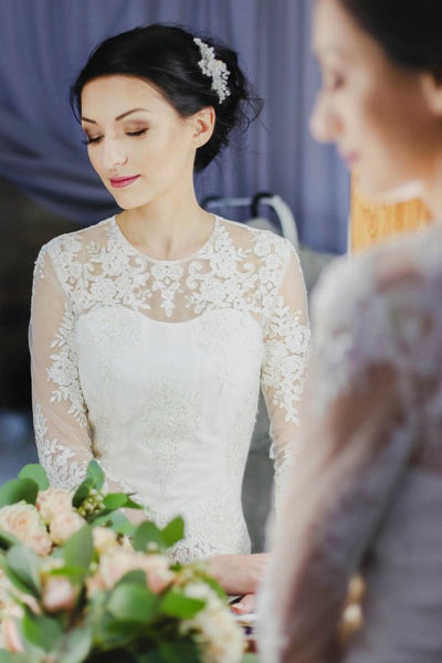 Split Back Sheath Ankle-length Wedding Dress With Illusion Lace Appliques