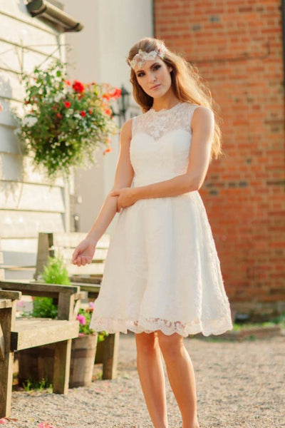 Illusion Jewelry Neckline A-line Sleeveless Knee-length Lace Wedding Dress