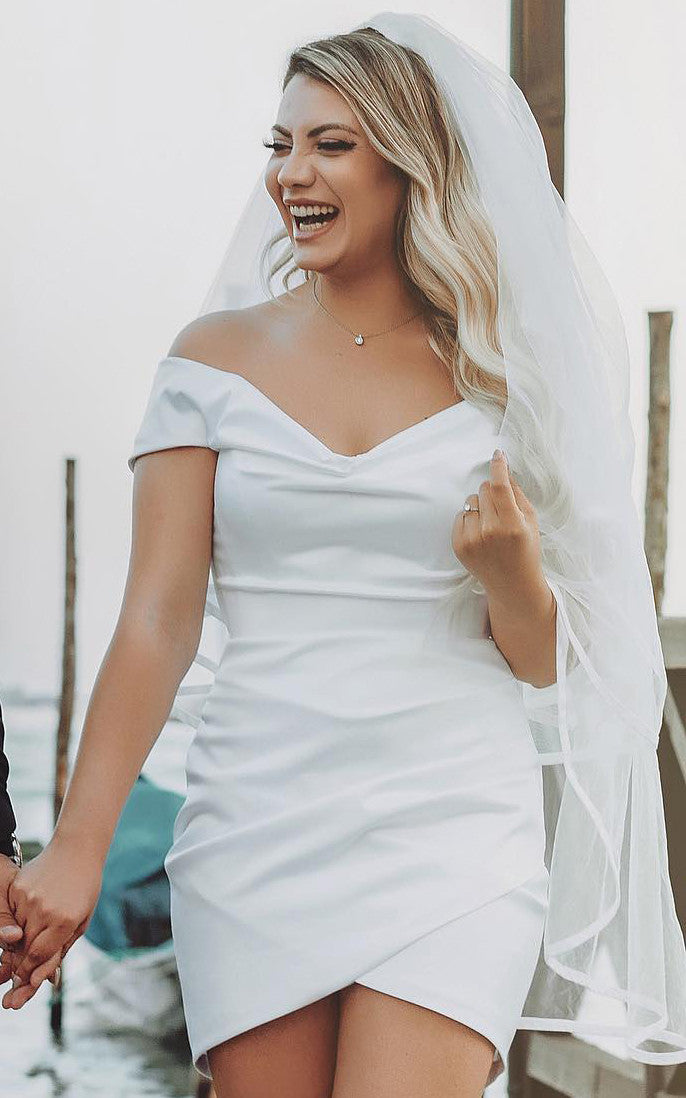 Bodycon Off-the Shoulder Satin Simple Wedding Dress Sleeveless Short H DorrisDress Bodycon Off-the Shoulder Satin Simple Wedding Dress Sleeveless Short H DorrisDress