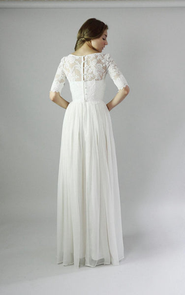 Button Back Sheath Chiffon Wedding Dress With Lace And Pleats