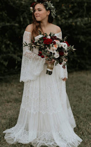 Casual A Line Lace Off-the-shoulder Long Sleeve Wedding Dress With Pleats