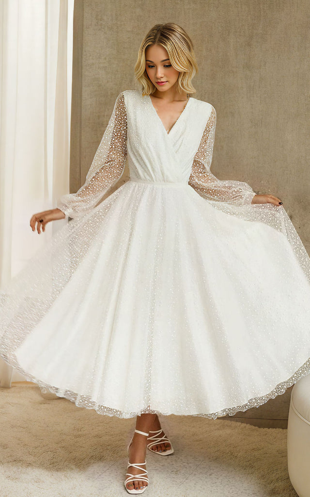 Vintage Sparkly Midi A-Line Illusion Sleeve Wedding Dress with Sexy V- – DorrisDress Vintage Sparkly Midi A-Line Illusion Sleeve Wedding Dress with Sexy V- – DorrisDress