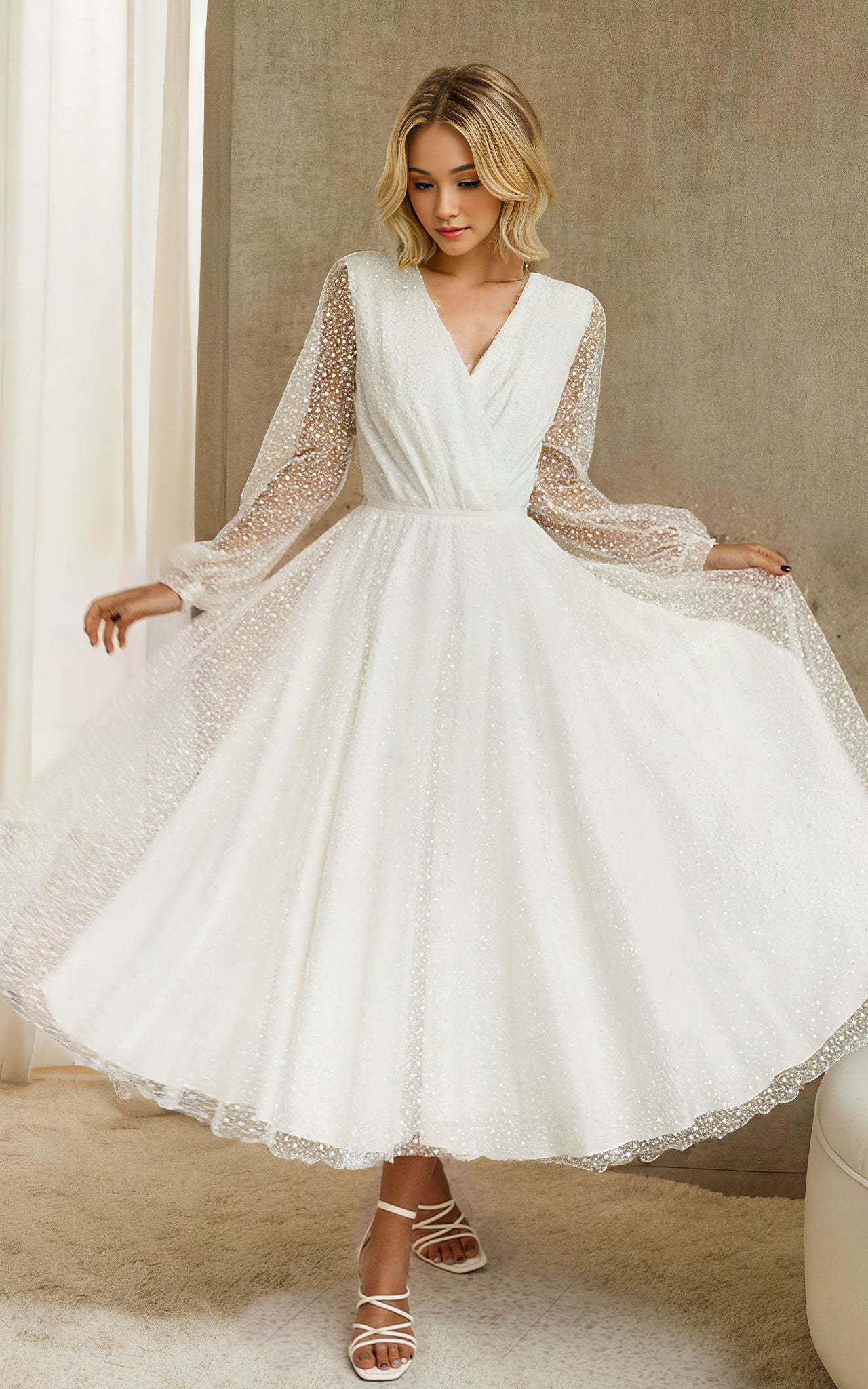 Vintage Sparkly Midi A-Line Illusion Sleeve Wedding Dress with Sexy V-Neck and Elegant Button Back Vintage Sparkly Midi A-Line Illusion Sleeve Wedding Dress with Sexy V-Neck and Elegant Button Back