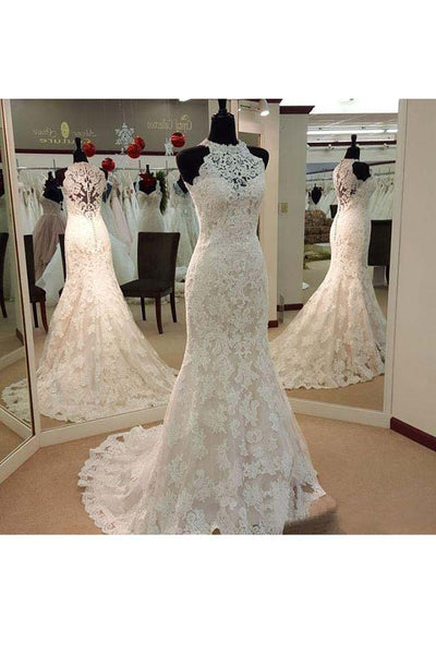 Vintage Illusion High Neck Halter Sleeveless Full Lace Mermaid Wedding Gown