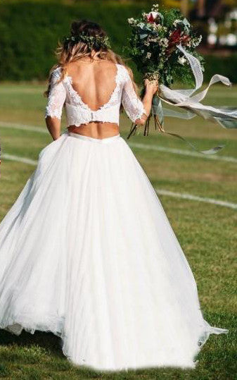 Lace Tulle Floor-length Court Train Two Piece Half Sleeve Sexy Wedding Dress