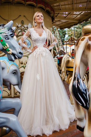 Elegant Lace and Tulle A-line V Neck Long Sleeve Wedding Gown