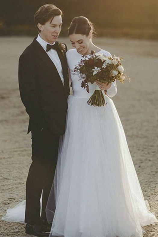 Elegant Long Sleeve Fitted Modest Jersey And Tulle Wedding Dress-71573 –  DorrisDress