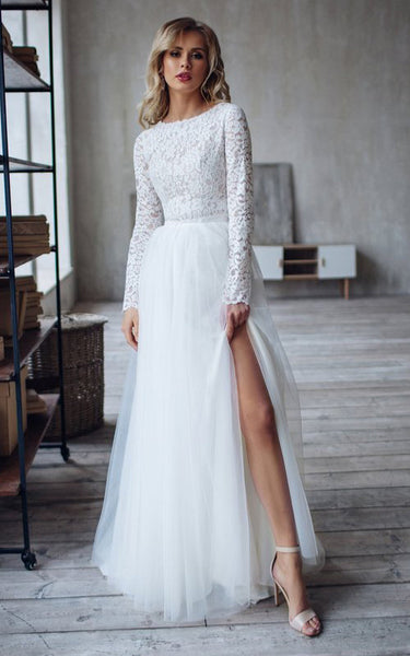 Lace Tulle Floor-length Sweep Train Two Piece Long Sleeve Simple Wedding Dress