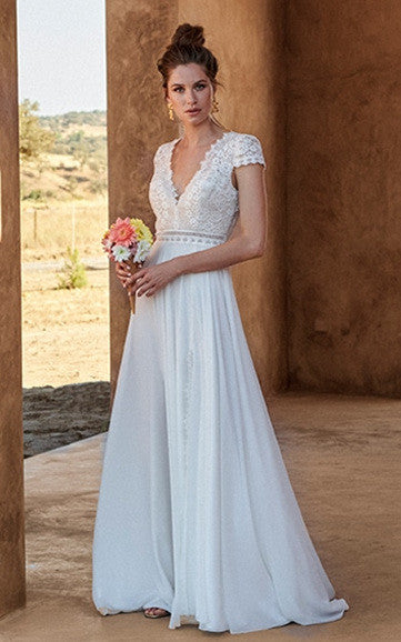 Casual A-Line Lace Chiffon V-neck Wedding Dress with Split Front-71646 DorrisDress Casual A-Line Lace Chiffon V-neck Wedding Dress with Split Front-71646 DorrisDress