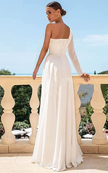 open lace back dress A-Line One-shoulder Satin Wedding Dress Simple Elegant Adorable Beach –  DorrisDress
