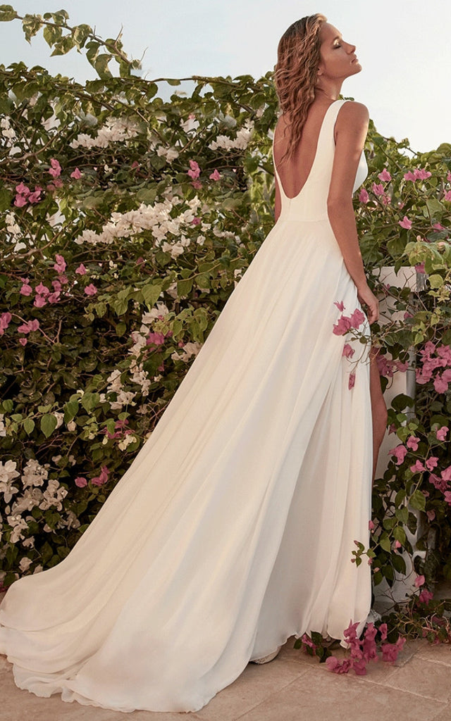 A-Line Bateau Beach Chiffon Wedding Dress With Open Back And Split Fro DorrisDress A-Line Bateau Beach Chiffon Wedding Dress With Open Back And Split Fro DorrisDress
