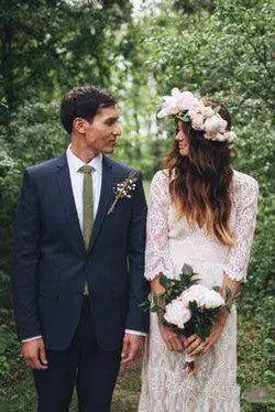 A-Line Sheath V-neck 3 4 Length Sleeve Lace Wedding Dress