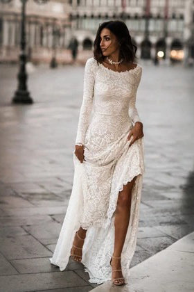 Elegant Lace Sheath Long Sleeves Bridal Gown with Sweep Train