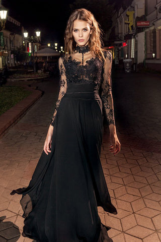A-Line High Neck Long Sleeve Lace Chiffon Illusion Dress With Appliques