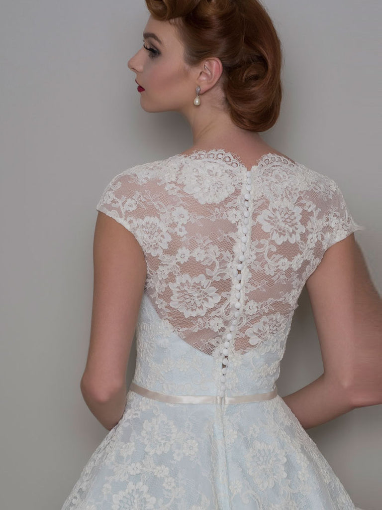 A-Line Knee-Length Appliqued V-Neck Cap Sleeve Lace Wedding Dress-MK_7 ...