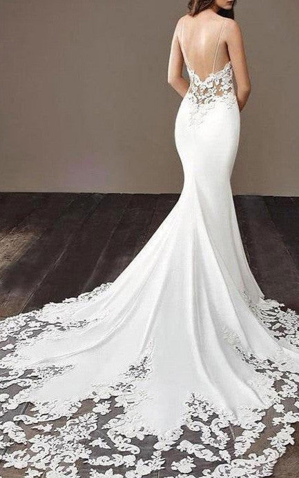 bohemian mermaid dress Bohemian Mermaid Lace V-neck Satin Spaghetti Garden Wedding Dress Simp –  DorrisDress
