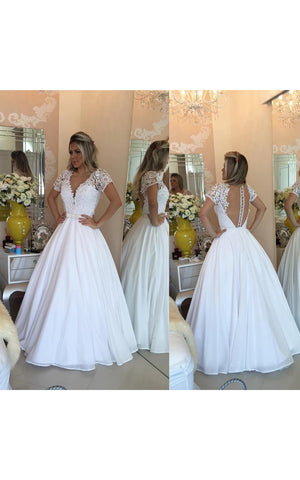 Elegant Short Sleeve 2018 Wedding Dresses A-Line Lace Appliques With Pearls