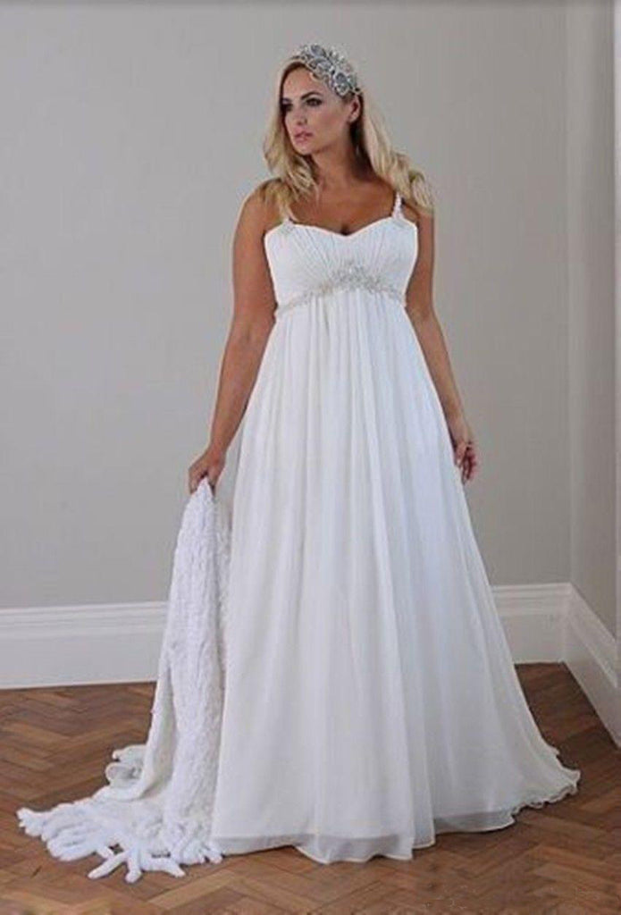 Plus Size Spaghetti Crystal Beaded Chiffon Empire Waist Wedding Gown-7 DorrisDress Plus Size Spaghetti Crystal Beaded Chiffon Empire Waist Wedding Gown-7 DorrisDress