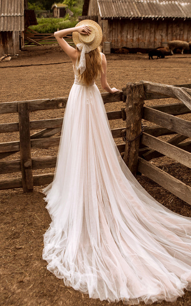 Elegant Tulle A-Line Wedding Dress with Plunging Neckline and Applique DorrisDress Elegant Tulle A-Line Wedding Dress with Plunging Neckline and Applique DorrisDress