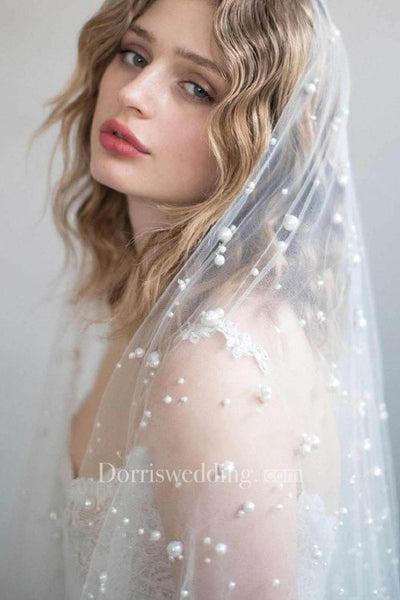 New Pearl Veils With Hair Comb Bride Wedding Veil Soft Yarn Retro