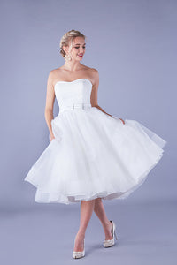 Simple Organza Aline Strapless Knee-length Bridal Gown with Ruching