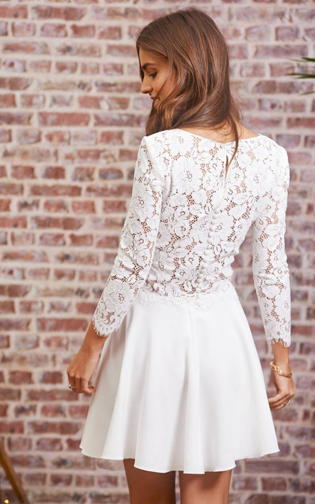 Chic Satin Lace Jewel Neck Long Sleeve Two Piece Short Wedding Dress with  Button Back-715919