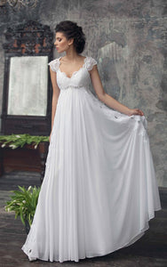 Empire Cap-Sleeve Chiffon Dress With Pleats And Appliques