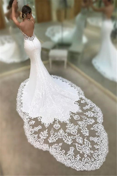 Sexy Plunging Spaghetti Lace Bodice Bridal Gown With Cathedral Train