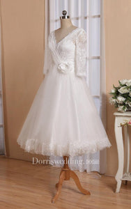 V-Neck Half Sleeve Button Back Tulle Wedding Dress With Sash And Flower