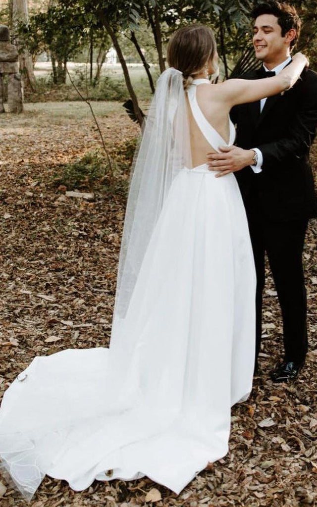 Simple A Line High-Low Satin Halter High Neck Sleeveless Wedding Dress DorrisDress Simple A Line High-Low Satin Halter High Neck Sleeveless Wedding Dress DorrisDress
