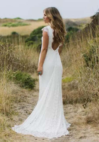 Vintage Country Boho Sheath Cap Sleeve Wedding Dress Elegant Simple Modest Bateau Neck Bridal Gown