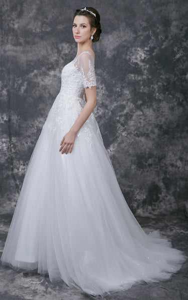 Illusion Short Lace Sleeve Bateau Neck A-line Tulle Gown