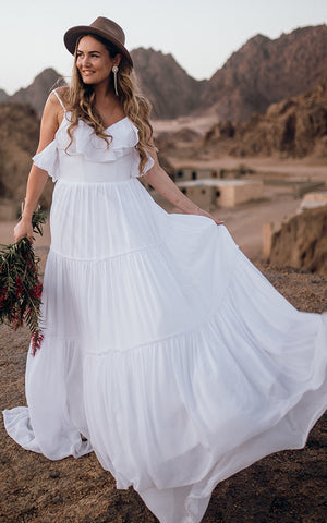 Bohemian Chiffon Spaghetti A Line Sleeveless Sweep Train Wedding Dress with Ruffles and Open Back