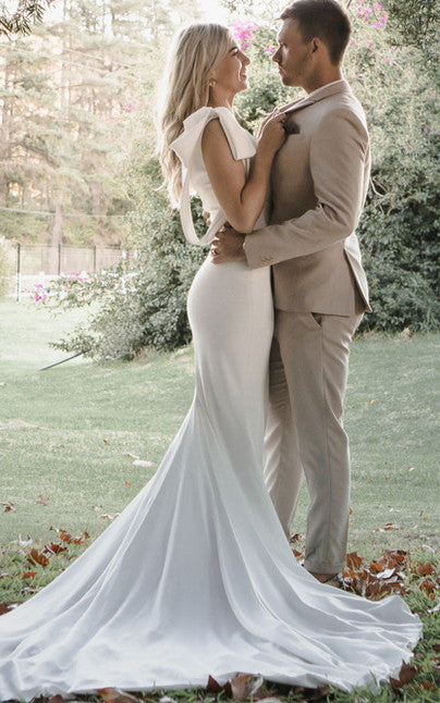 wedding dresses mermaid style one shoulder Greek Mermaid One-shoulder Satin Wedding Dress With Open Back And Bow- –  DorrisDress
