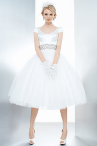 A-Line Tea-Length Cap Sleeve Jeweled V-Neck Tulle Wedding Dress With Bow