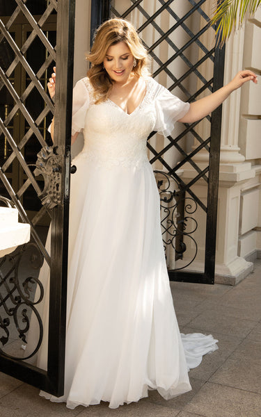A Line Ethereal Plus Size V-neck Chiffon Wedding Dress-716230 – DorrisDress