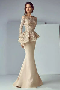 Bateau Mermaid Floor-length Long Sleeve Satin Lace Mother of the Bride Dress with Zipper Back