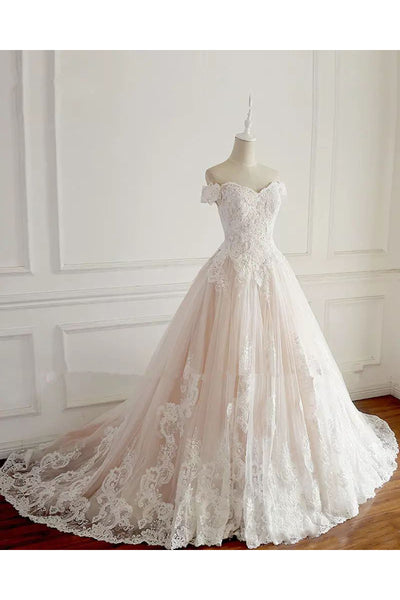 A-line Off-the-shoulder Sleeveless Floor-length Chapel Train Lace Tulle Wedding Dress with Pleats