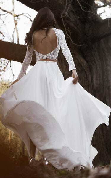 Bohemian Two Piece Bateau Chiffon Lace Long Sleeve Wedding Dress with Split Front