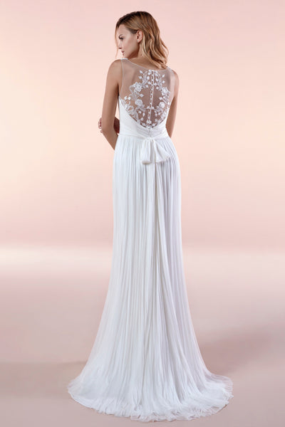 Illusion Sleeveless Deep V-neck Chiffon Gown With Sash And Pleats