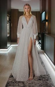 Elegant Sequins A-Line Long Sleeves Wedding Dress Sexy Plunging Beach Bridal Gown with Split Front