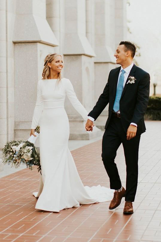 Modest Long Sleeve Satin Wedding Gown With Cathedral Train And Buttons – DorrisDress