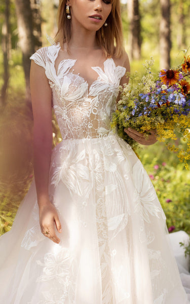 Modern Ball Gown Tulle Wedding Dress With Bateau Neckline And Illusion Back