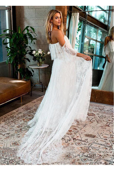 A-Line Tulle Off-The-Shoulder Floor-Length Wedding Dress With Short Sleeve