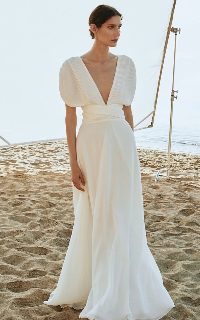 Simple A Line V-neck Chiffon Floor-length Wedding Dress with Sash-7163 DorrisDress Simple A Line V-neck Chiffon Floor-length Wedding Dress with Sash-7163 DorrisDress