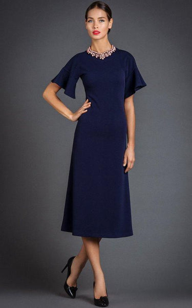 Simple Bell Sleeve A-line Tea-length Dress-ET_329229