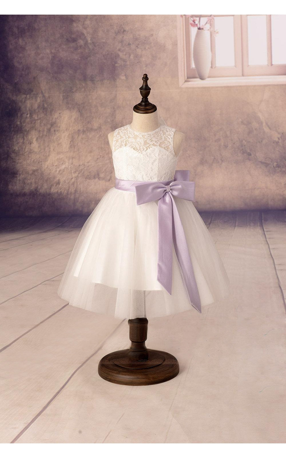 Sleeveless A-line Tulle Flower Girl Dress With Lace Top and Satin Sash-ET_401627